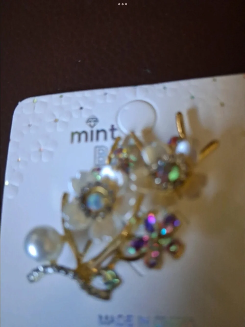 Mint Gold Floral Brooch with White Pearls and Iridescent Crystals